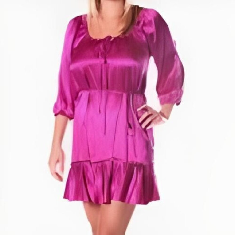 Hale Bob Fuschia Silk Mini Dress Cold-Shoulder Ruffle Hem & Tie Waist Size Small